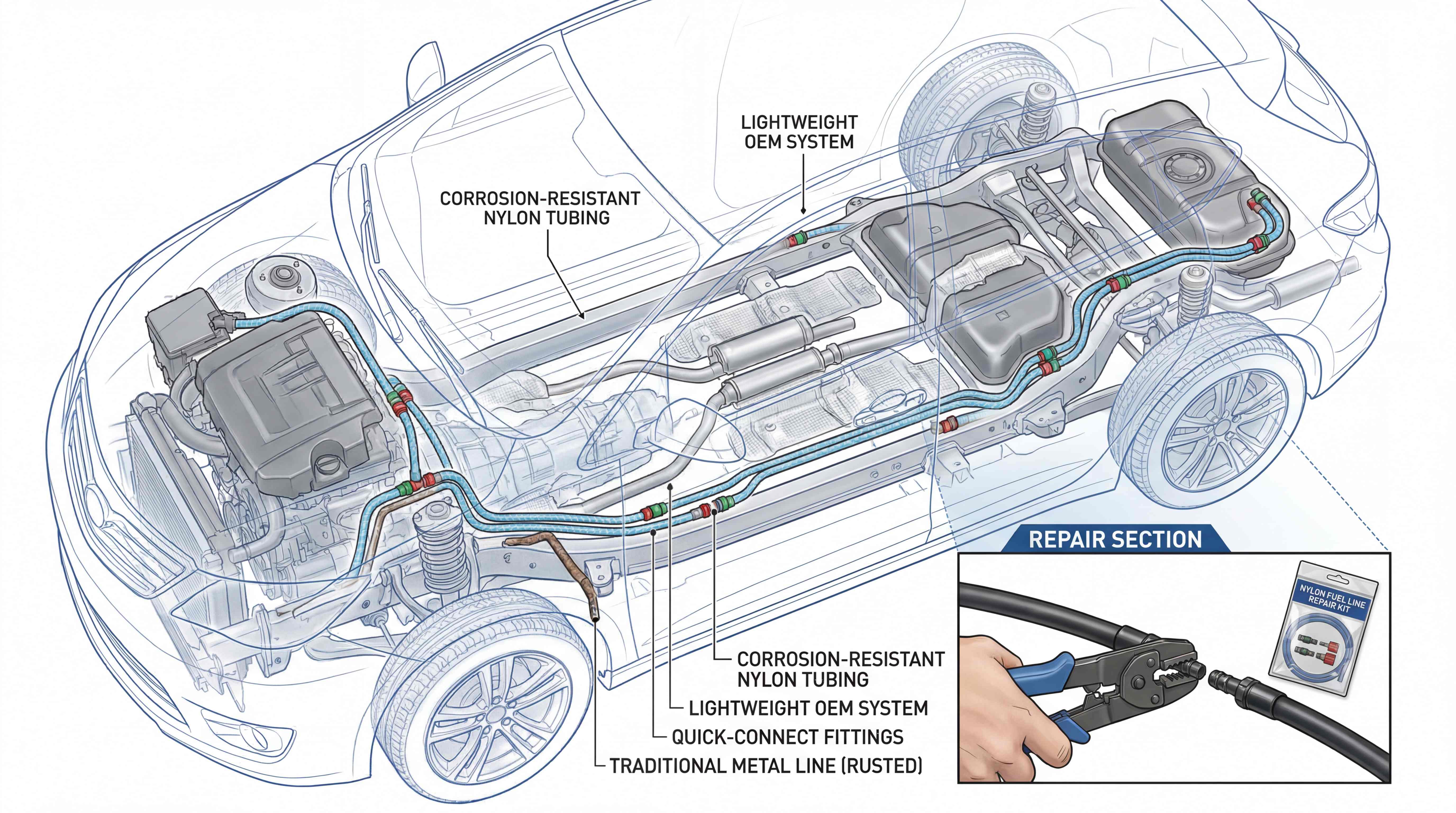 Nylon fuel line routing in an OEM vehicle system with quick-connect fittings and repair section example